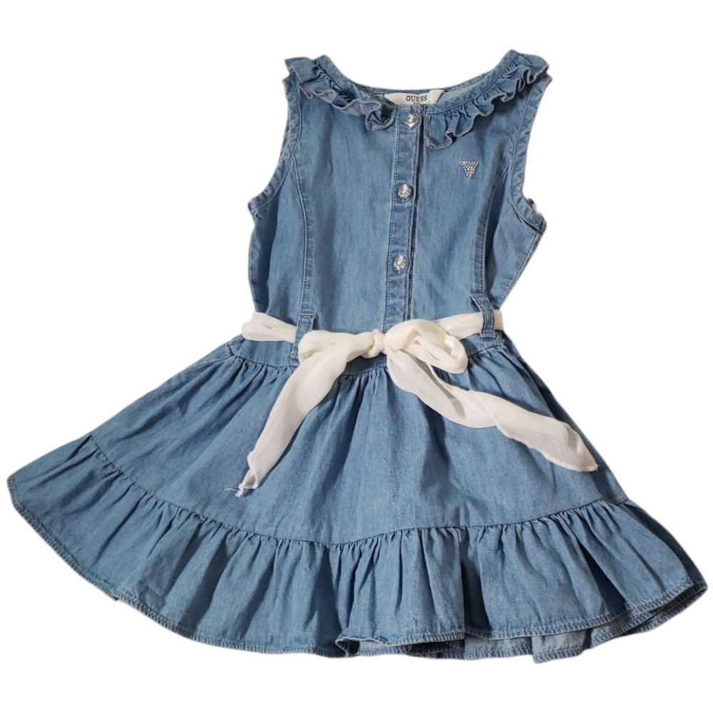 Vintage Guess Kids Denim Ruffles Tiered Bling Rheinstones Sheer Tie Fit Flare Dr